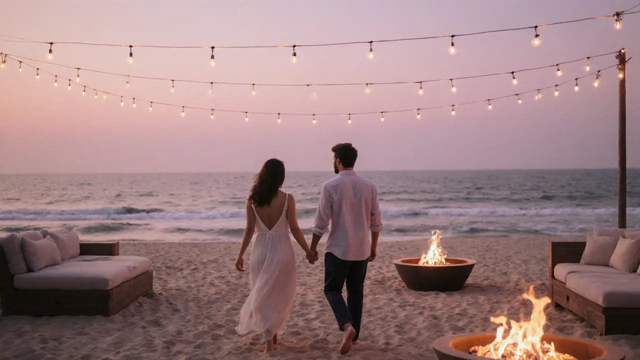 A couple walks barefoot on the beach at sunset, surrounded by fire pits and string lights, waves gently rolling nearby.