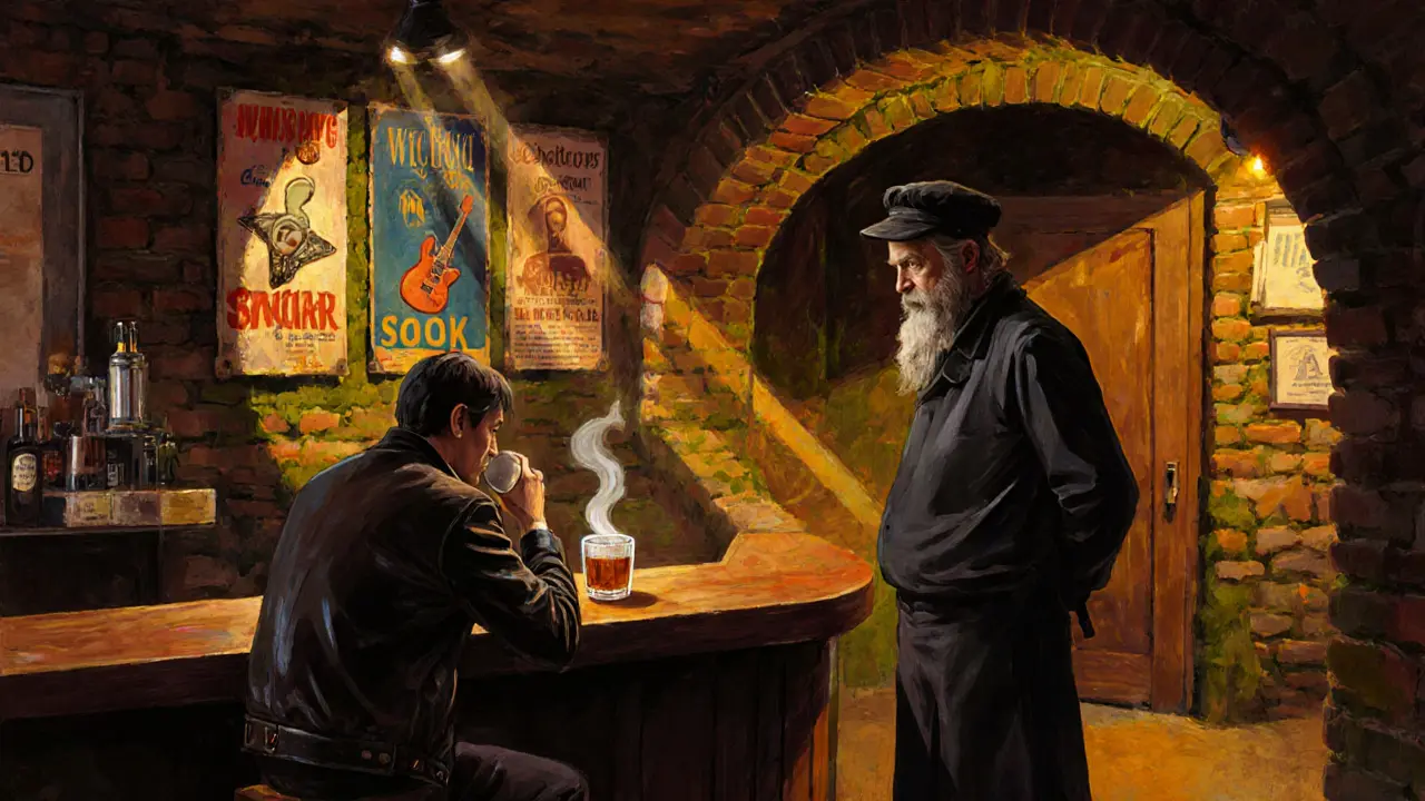 A dimly lit underground bar with vintage rock posters, a person drinking whiskey at a wooden bar.