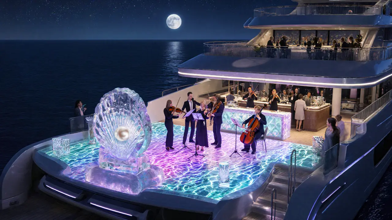 A glowing superyacht at sea with a string quartet and melting ice bar under starlit sky.