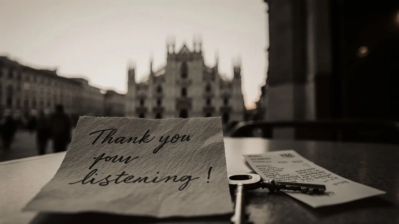 A handwritten note and café receipt lie beside a key, symbolizing a meaningful, private Milan encounter.