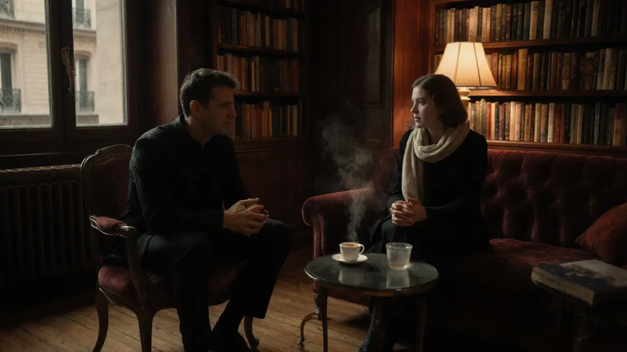 A man and woman having a quiet, respectful conversation in a softly lit Parisian sitting room.