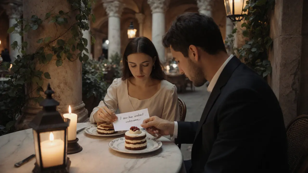A man quietly reading a handwritten note beside tiramisu in a candlelit courtyard.