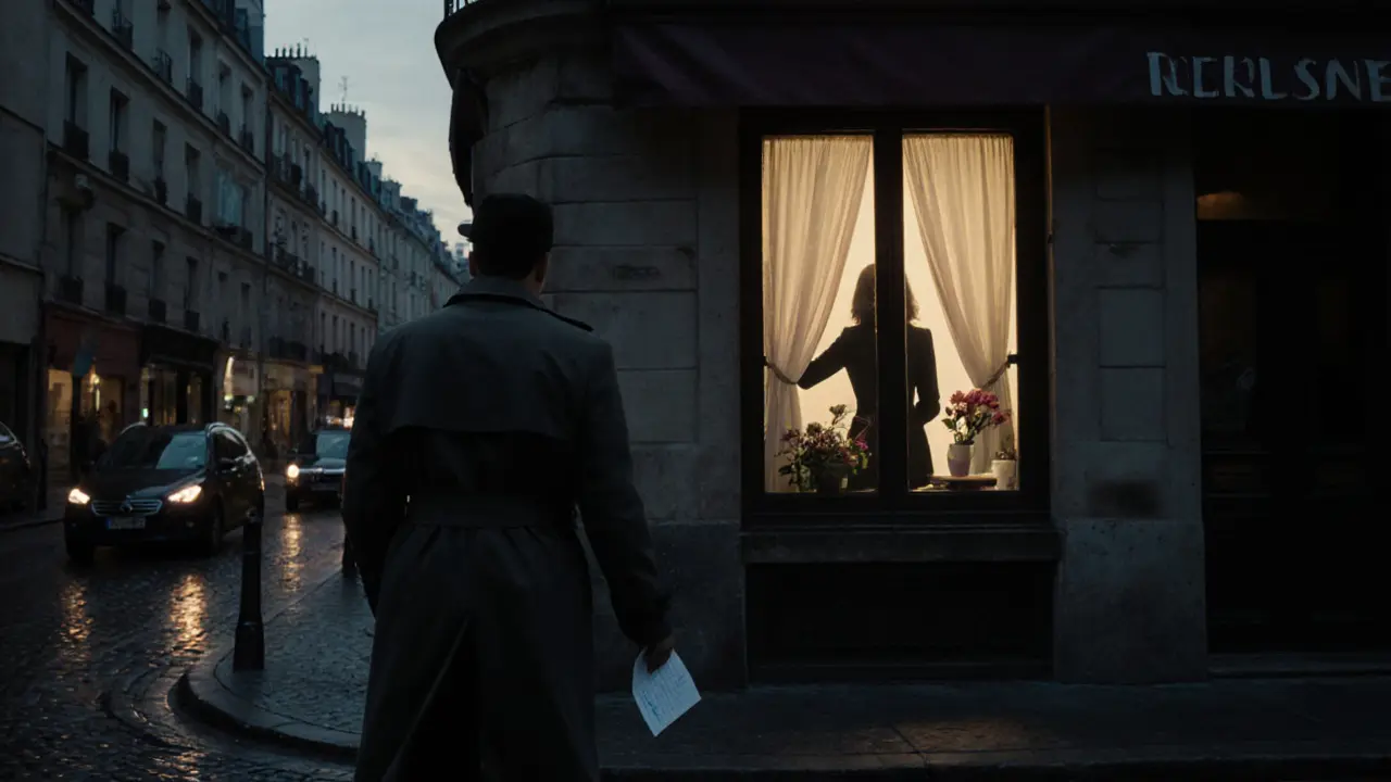 A man walking away from a discreet building in Montmartre at dusk, holding a receipt, city lights glowing behind him.
