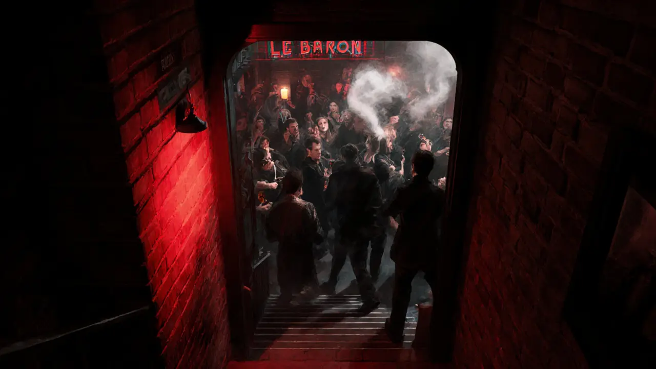 A narrow staircase leads to a dim, lively underground club with people dancing to disco music.