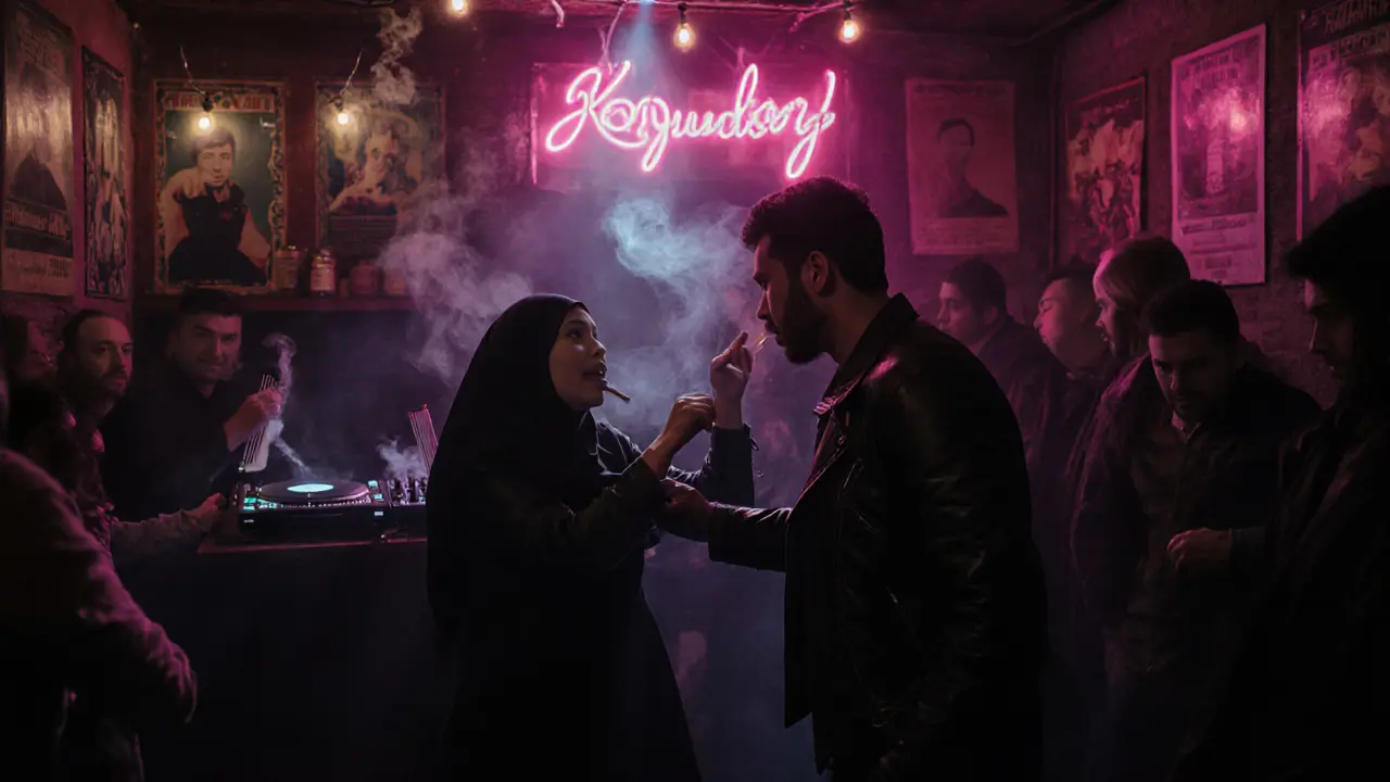 A neon-lit basement club in Beyoğlu where a DJ mixes Sufi music with techno, people dancing under string lights and vintage posters on the walls.