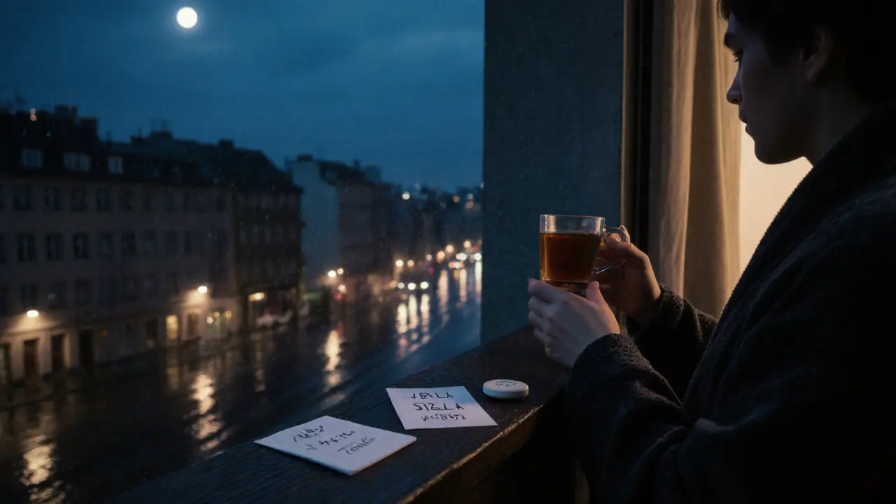 A person on a Berlin balcony at night with a tea cup and panic button beside them.