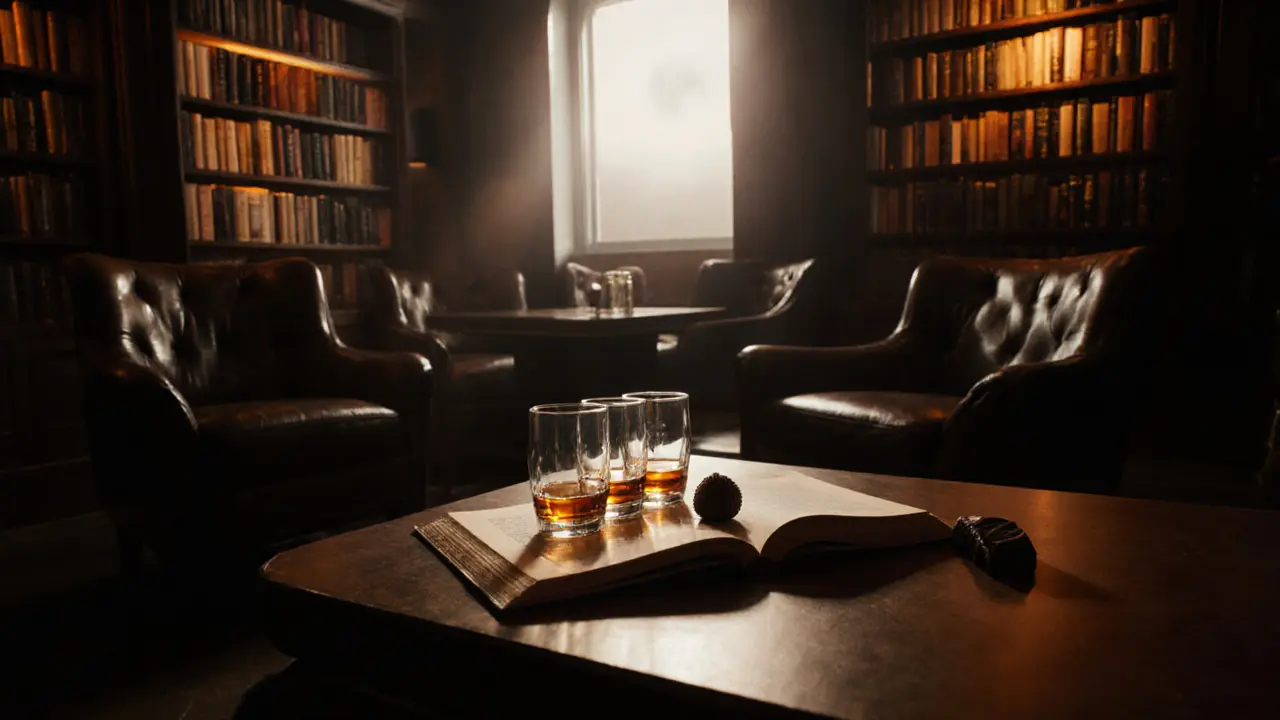 A quiet bar interior with whiskey glasses and a chocolate truffle beside an open book.