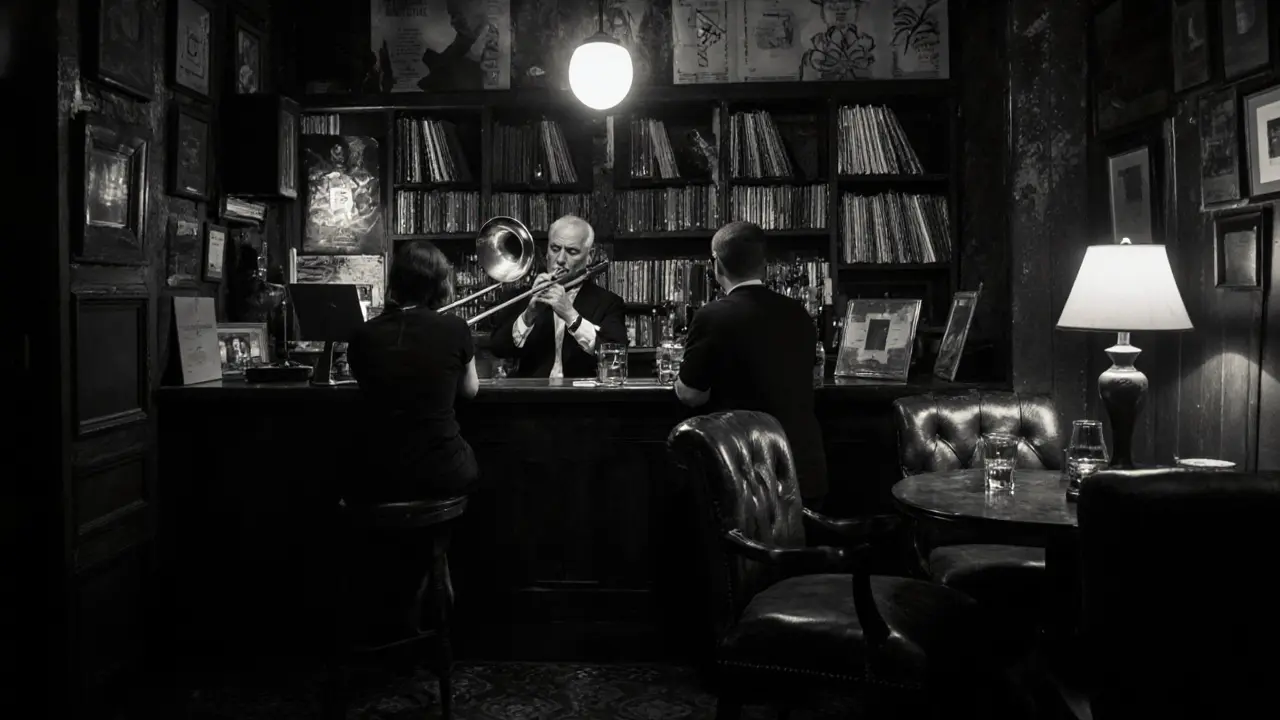 A quiet jazz bar with a vinyl record player, patrons sipping bourbon in soft lamplight, no phones or distractions.