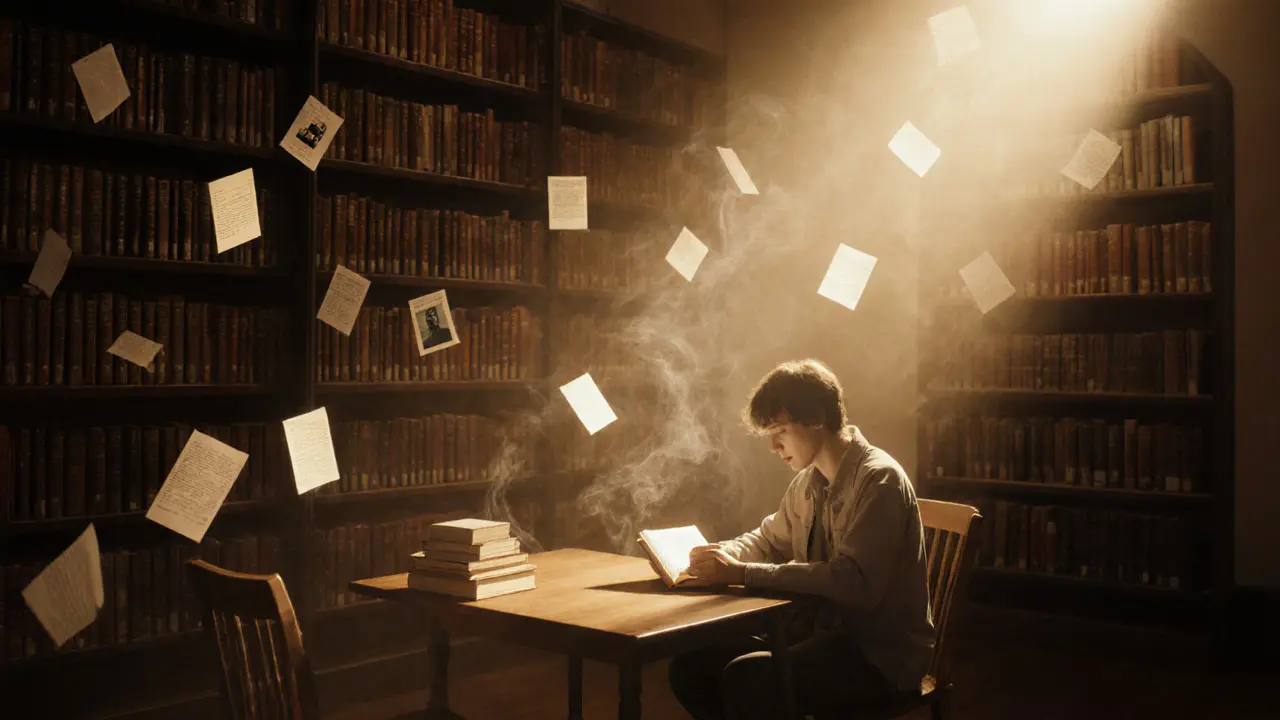A quiet library reading room at night with floating book pages and soft lamplight.