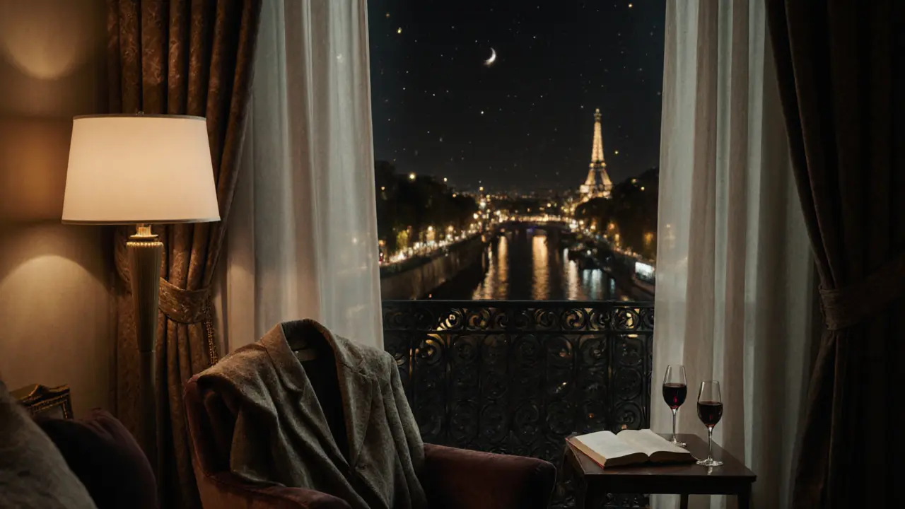 A quiet luxury hotel suite at night with a view of the Seine, filled with stillness and elegance.
