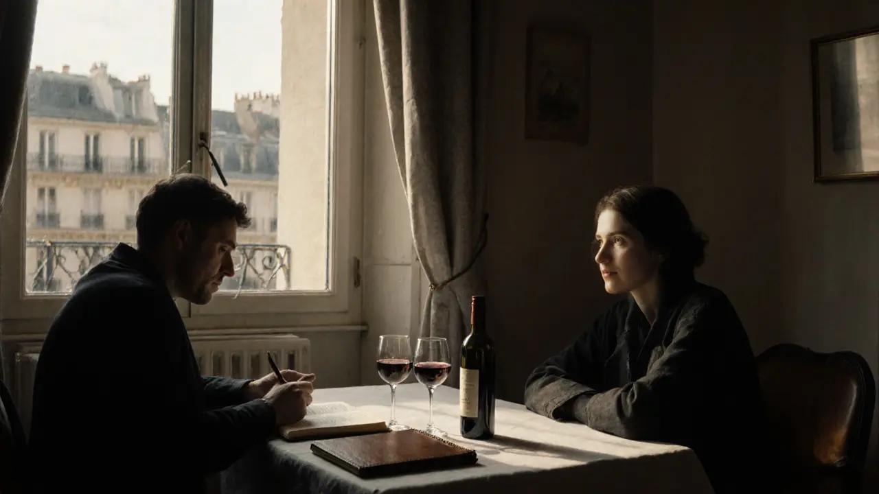 A quiet moment in a Parisian loft with wine and books, bathed in soft afternoon light.