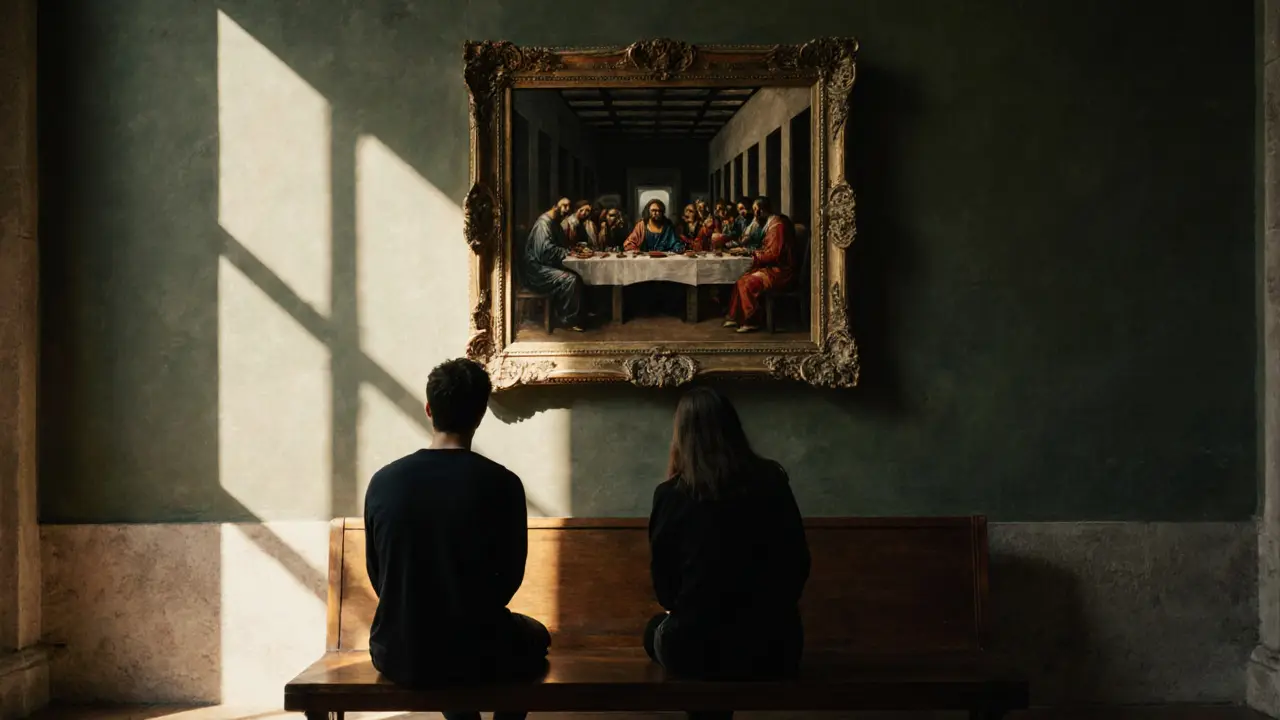 A quiet moment in Brera’s art gallery, two people sitting before Caravaggio’s painting in soft natural light.