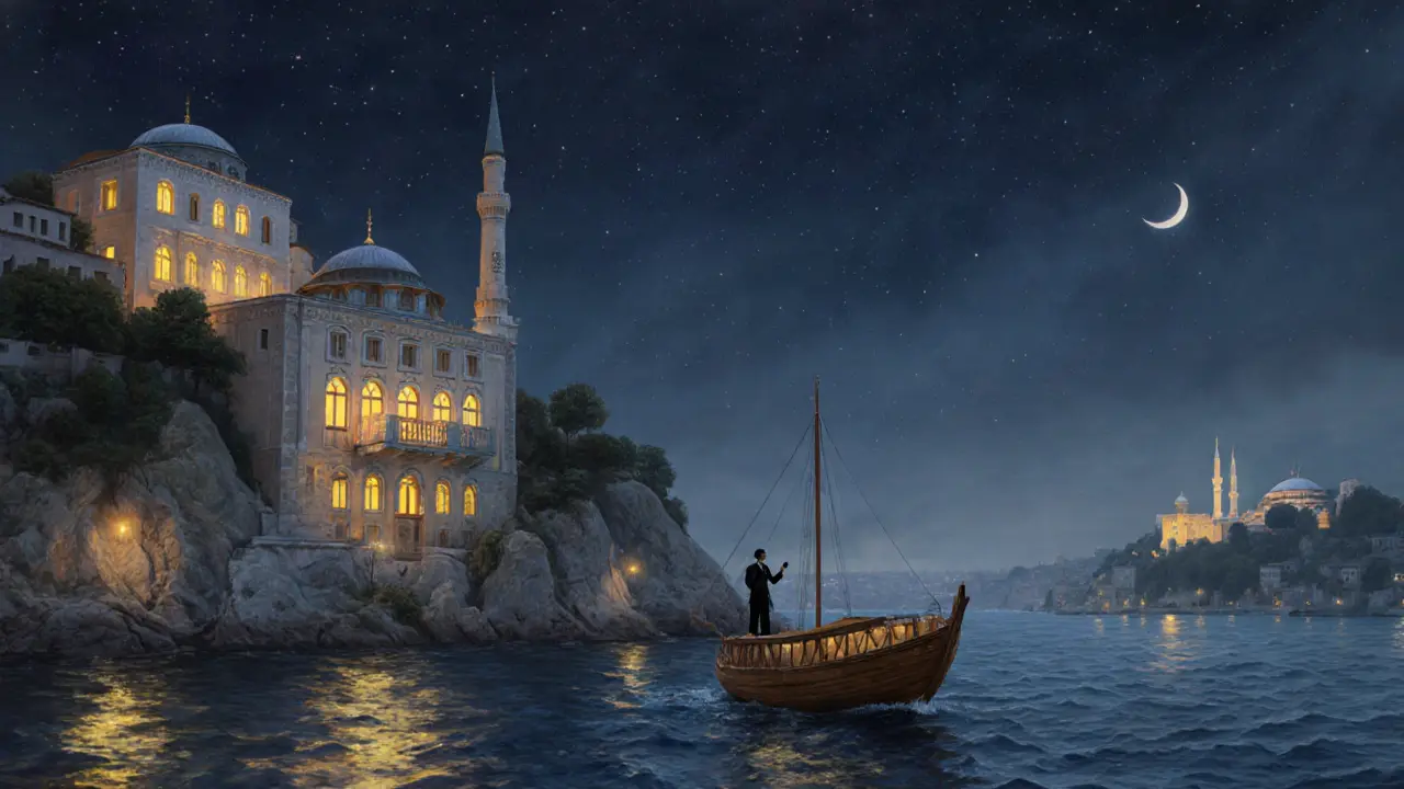 A quiet night cruise on the Bosphorus with glowing windows along the cliffs and the call to prayer echoing over the water under a starry sky.