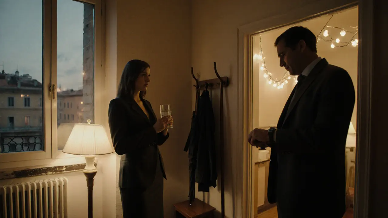 A respectful meeting in a safe Milan apartment at dusk, with calm lighting and dignified atmosphere.