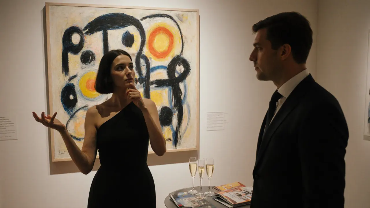 A sophisticated woman explaining art to a man at a private gallery opening in Berlin.