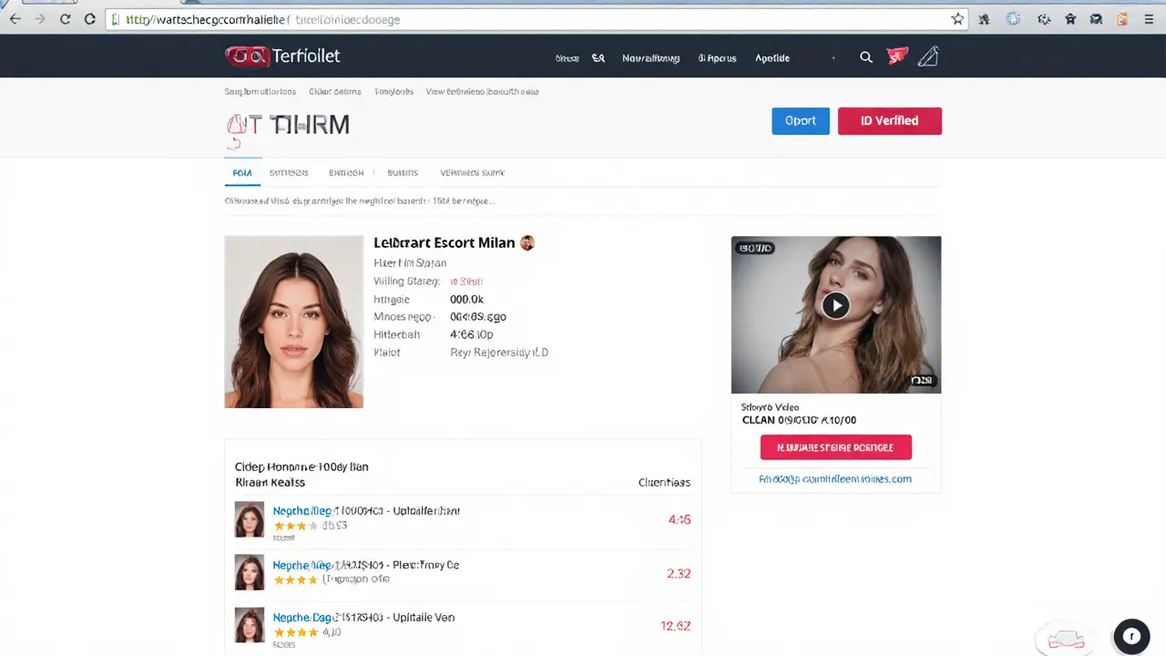 A verified escort profile on a trusted Milan website with ID badge, real photo, and client reviews.