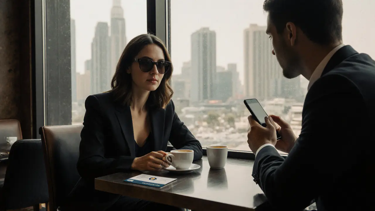 A woman and man converse calmly in a Dubai café, their interaction discreet and respectful.