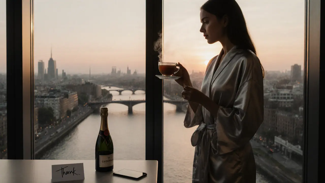 A woman in a silk robe overlooking Berlin&#039;s Spree River at sunset, with an encrypted phone and note nearby.