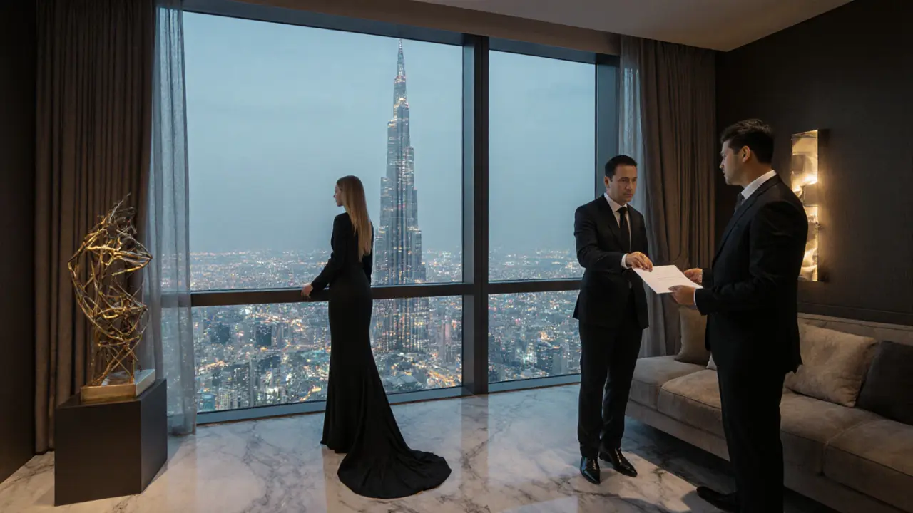 A woman in evening attire standing by a window in a high-rise lounge, receiving a confidential itinerary from a concierge.