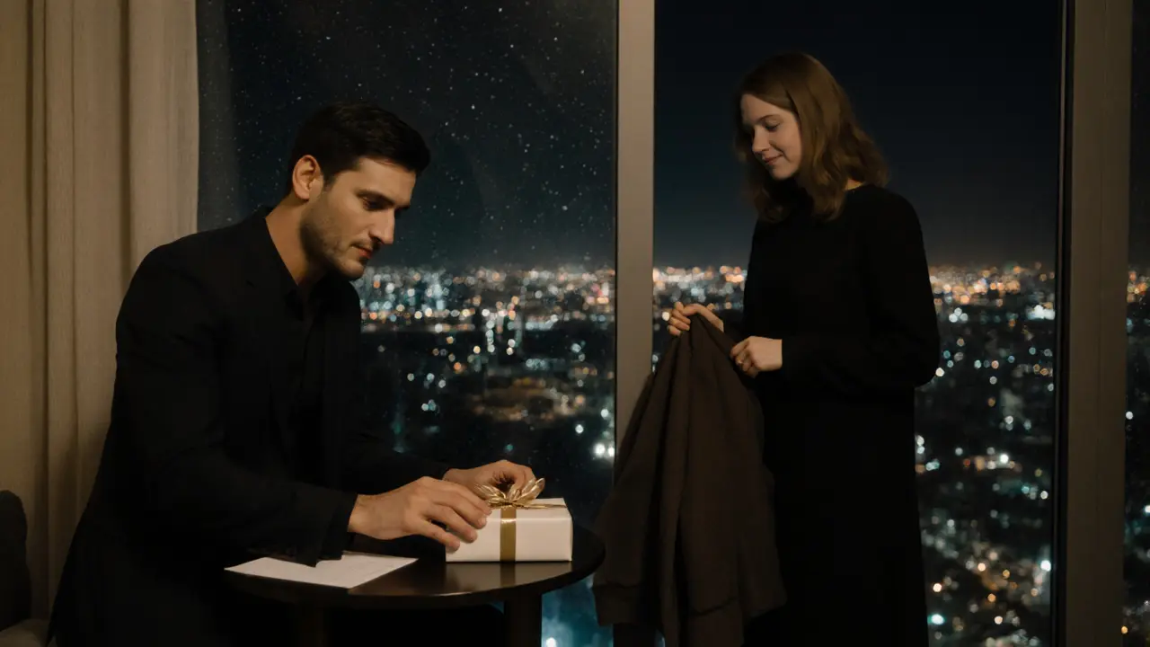 A woman preparing to leave as a man places a small gift on a table, both sharing a moment of quiet dignity and respect.