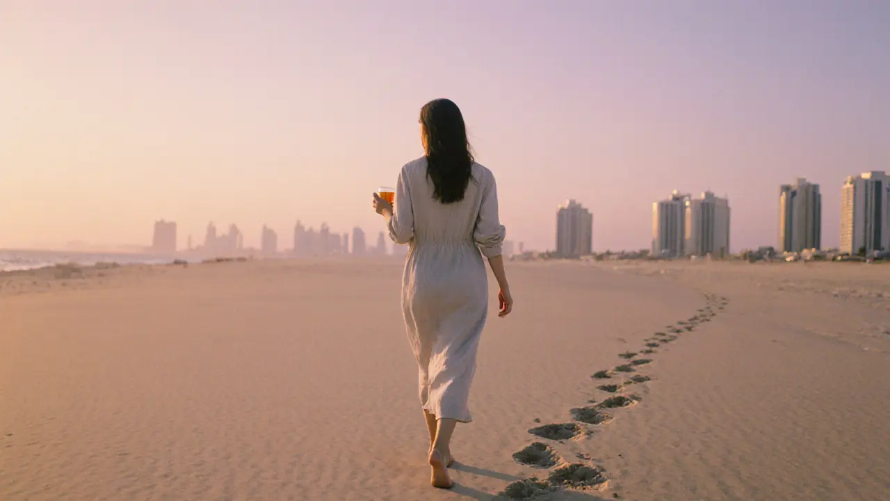 A woman walking alone on a Dubai beach at sunset, wearing a linen dress, with footprints fading in the sand.