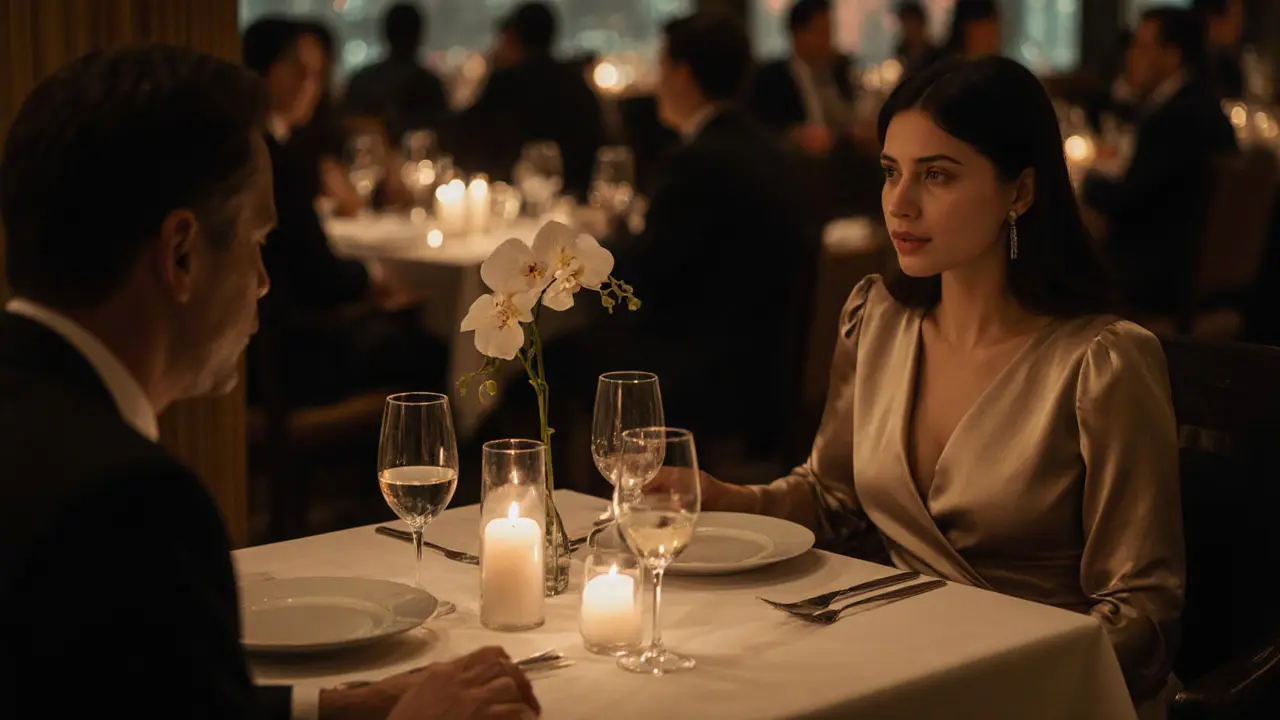 An intimate candlelit dinner at a high-end Dubai restaurant with refined ambiance and no visible faces.