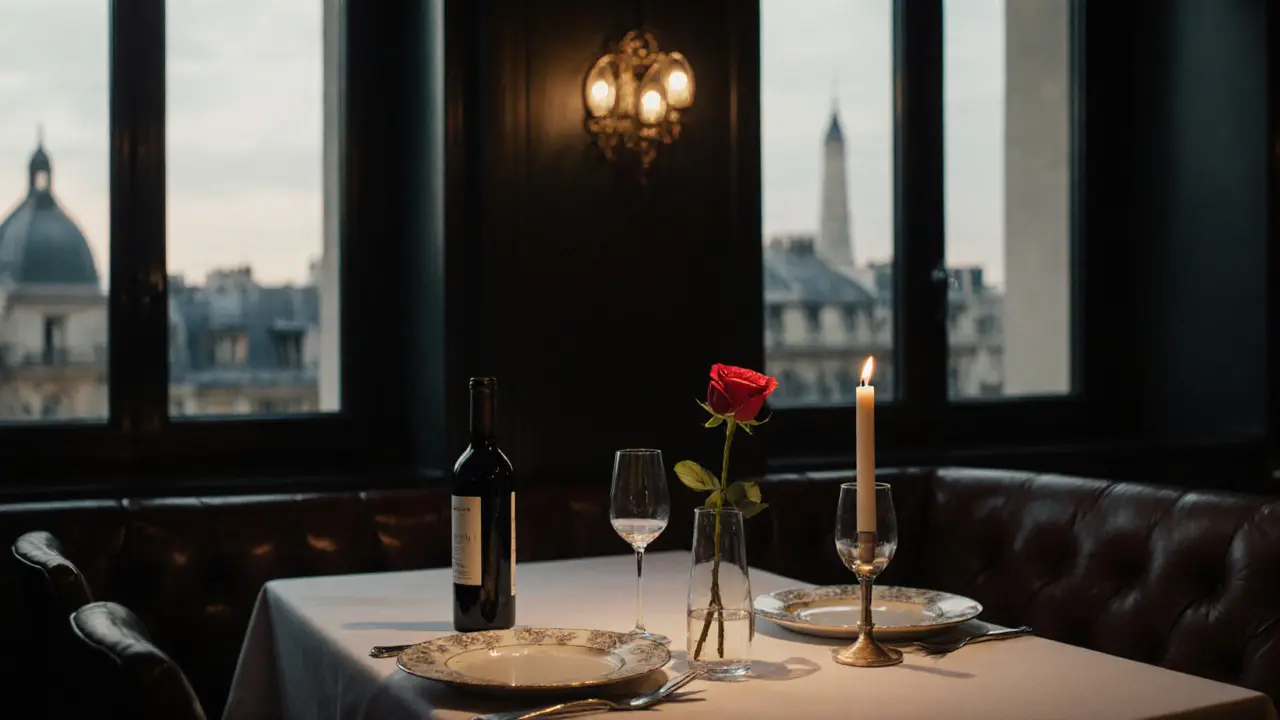 An intimate candlelit dinner for two in a hidden Parisian restaurant with fine dining details.