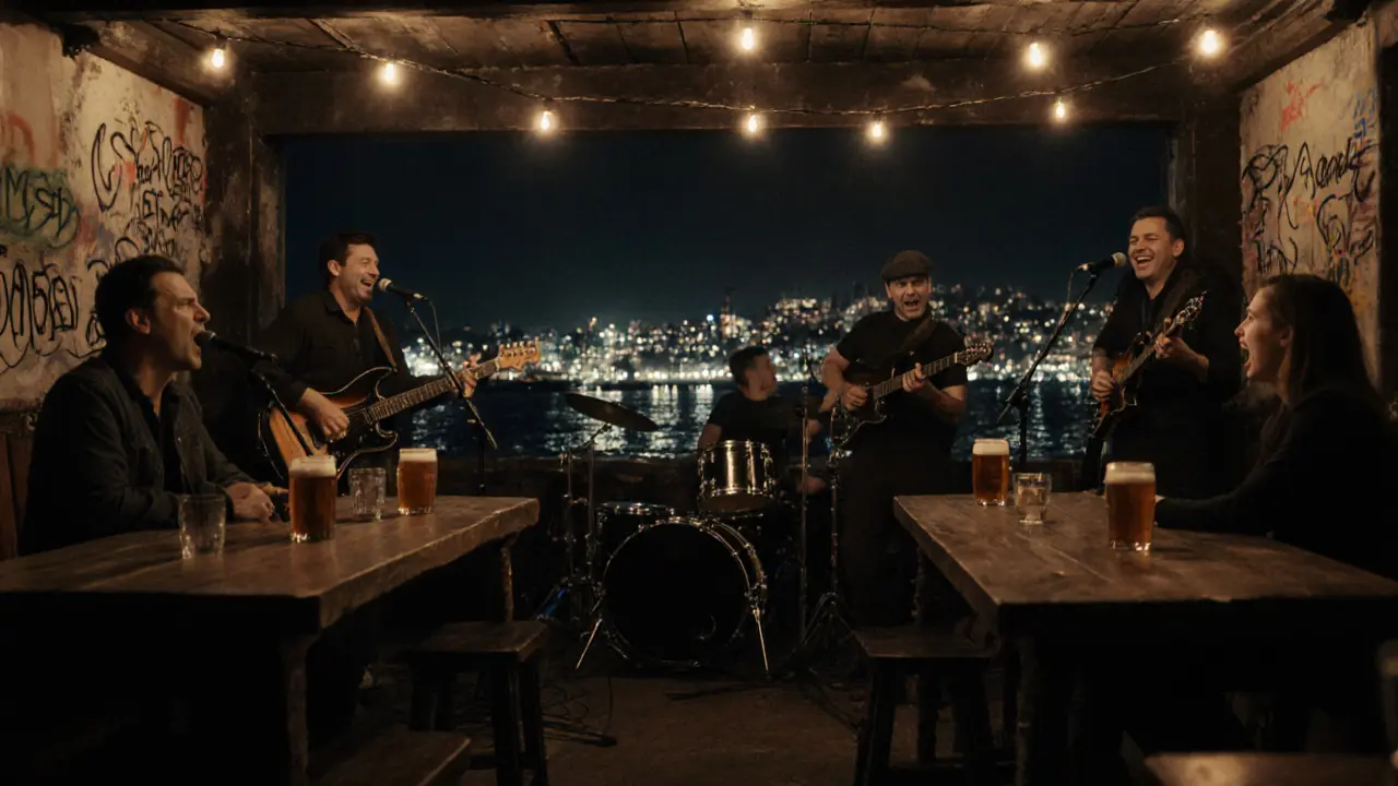 Authentic old port bar with live band, locals enjoying beer under string lights, sea breeze and city skyline in background.