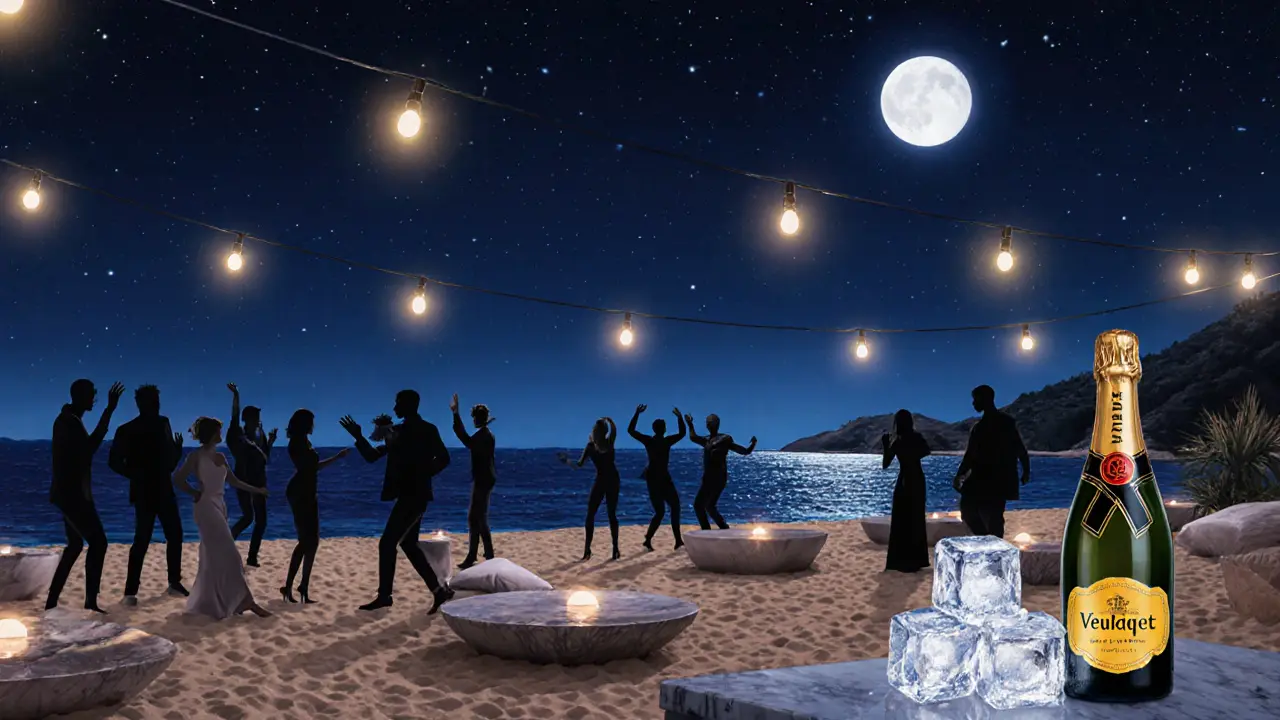 Beach club at night with people dancing under stars, low tables, and a bottle of champagne.