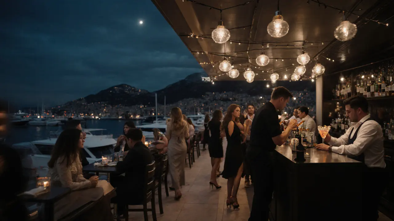 Club 55&#039;s harbor terrace at midnight with string lights, yachts, and guests enjoying custom cocktails under the stars.