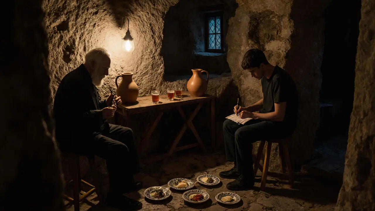 Cozy basement bar under ancient ruins, man playing traditional instrument, flickering lamp, and shared meze plates.