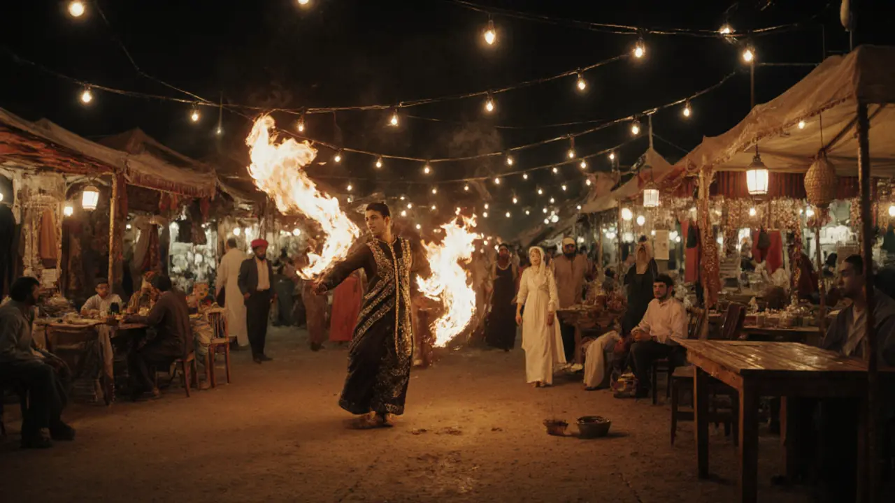 Cultural night market with fire dancers, string lights, and families enjoying traditional food.