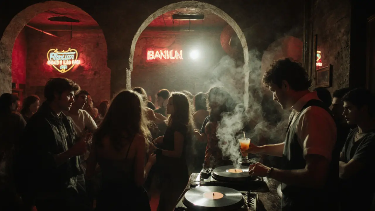 Dim basement bar in Beyoğlu with young crowd dancing under stone arches and neon lights.