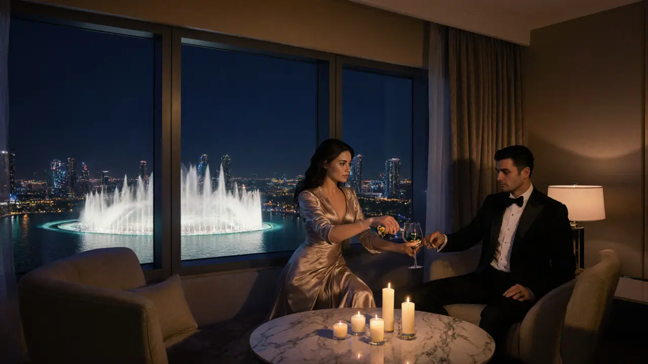 Elegant couple in a luxury Dubai hotel suite, enjoying wine with fountain views at night.