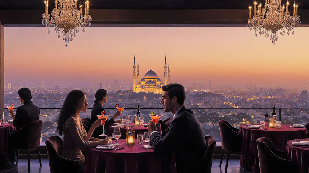 Elegant rooftop lounge at sunset with city skyline and grand mosque in the distance.