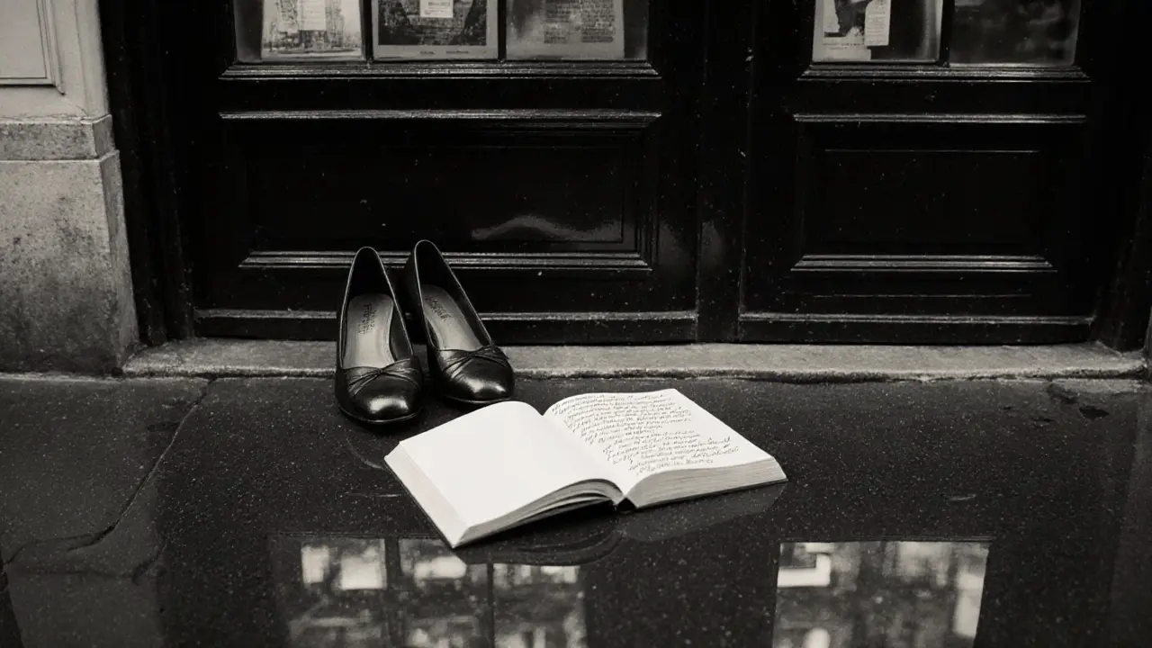 Elegant shoes and an open book with handwritten notes on a rainy Paris sidewalk, no people, only traces of connection.