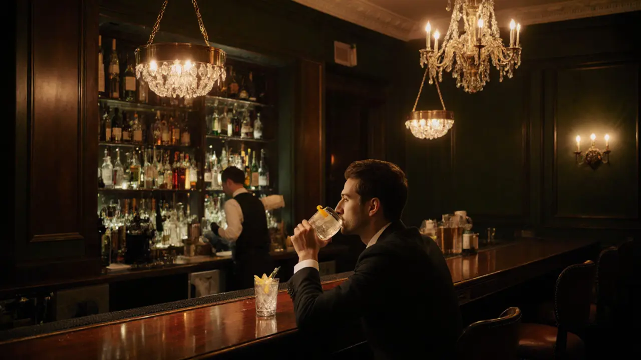 Guest sipping a crafted gin cocktail at The Connaught Bar in warm, elegant lighting.