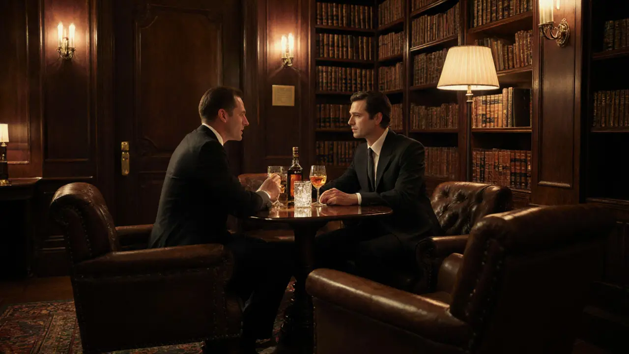 Hidden speakeasy with candlelight and leather chairs, two people sharing whiskey in silent intimacy.