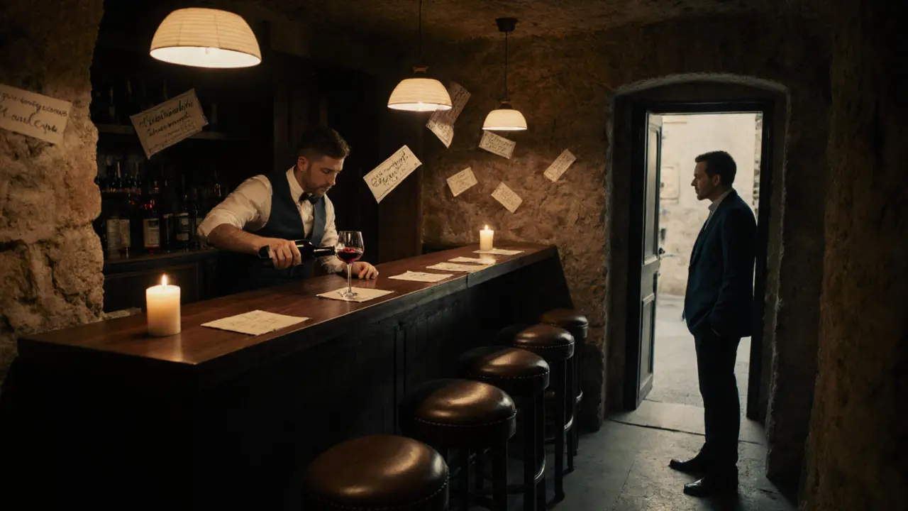 Intimate wine lounge with candlelight, a sommelier pouring wine, and stone walls.