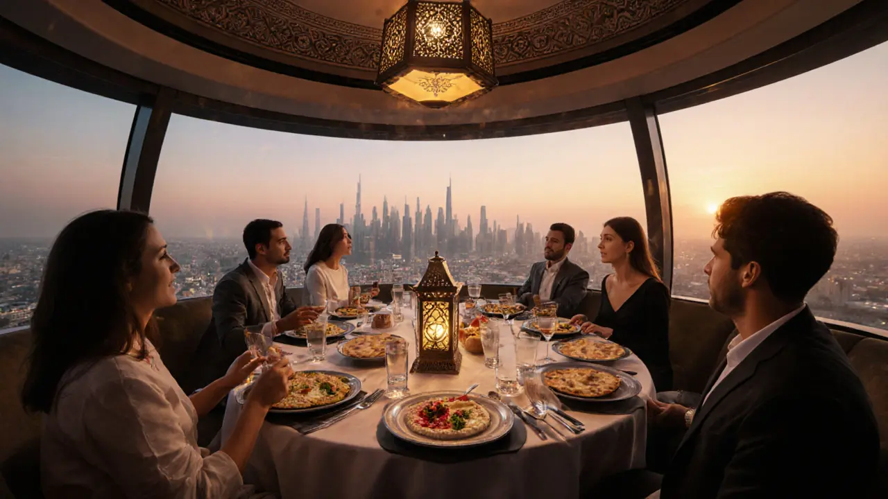 Platters of Middle Eastern mezze served at a rotating lounge with city views.