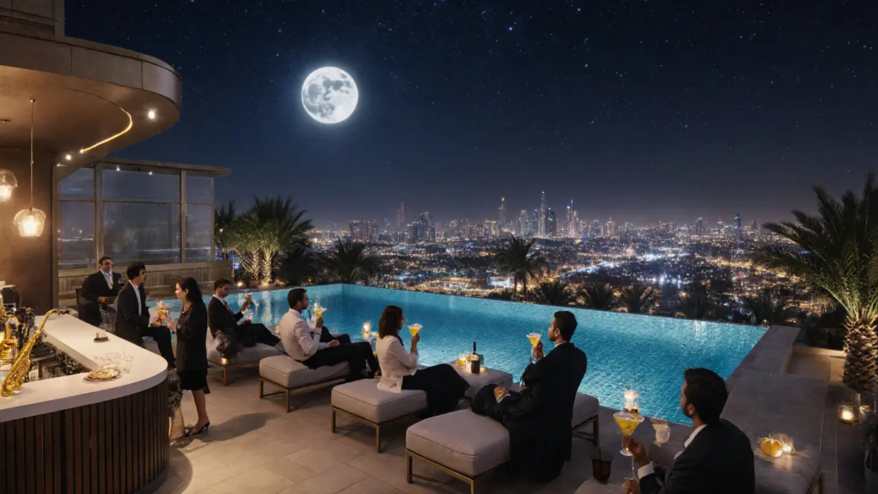 Rooftop lounge with infinity pool and starlit skyline, guests enjoying cocktails in serene luxury.