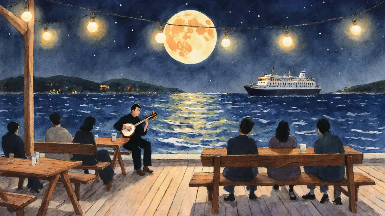 Seaside café on Büyükada Island with musician playing oud under string lights at night.