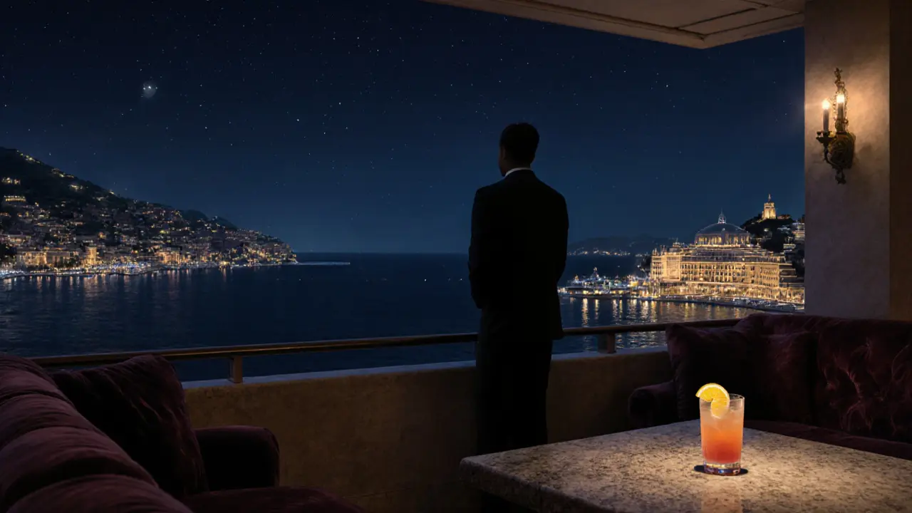 Secluded rooftop bar with moonlit harbor view, a lone figure on a velvet couch, city lights shimmering in the distance.