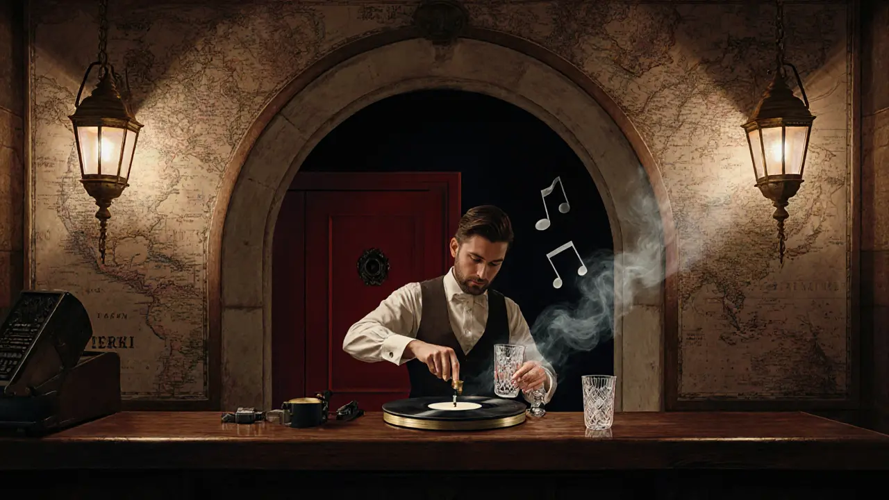 Secret jazz bar inside a vault, walls covered in old maps, bartender pouring rakı.