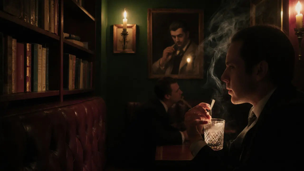 Secret speakeasy bar Il Gatto Nero with candlelit booths and a bartender pouring a cocktail