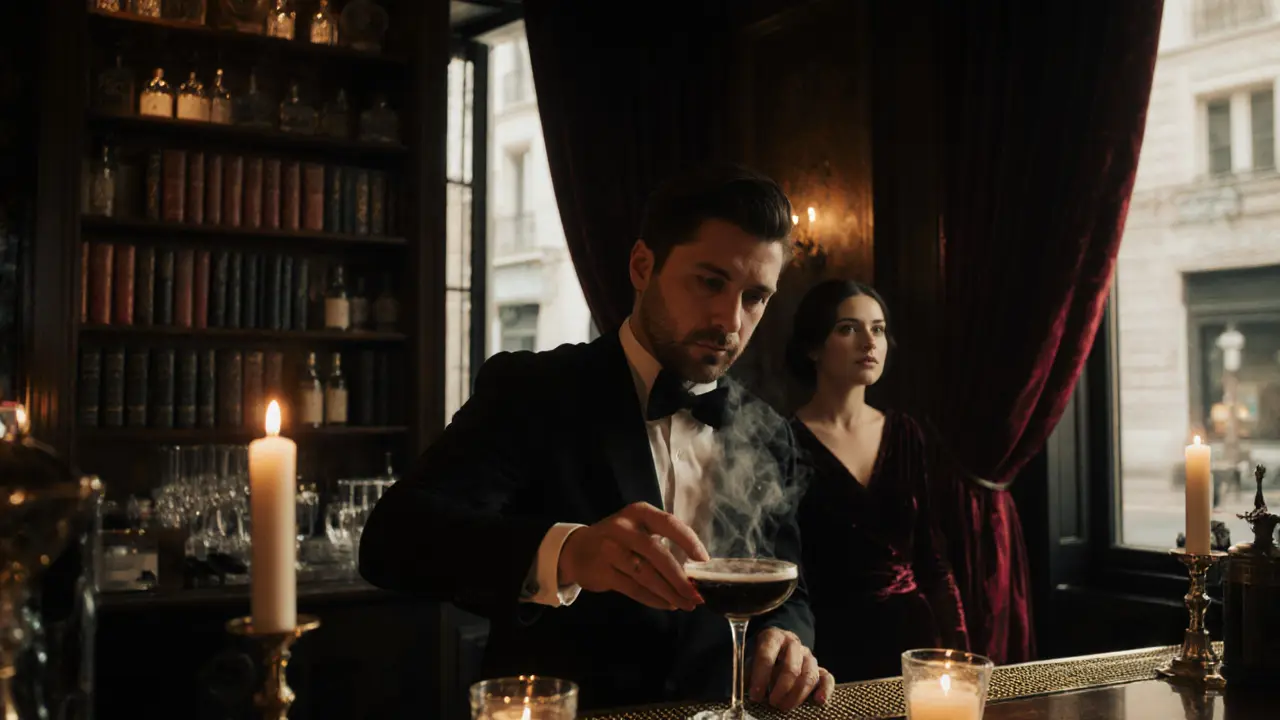 Secret speakeasy with velvet curtains and candlelight, bartender pouring a dark cocktail.
