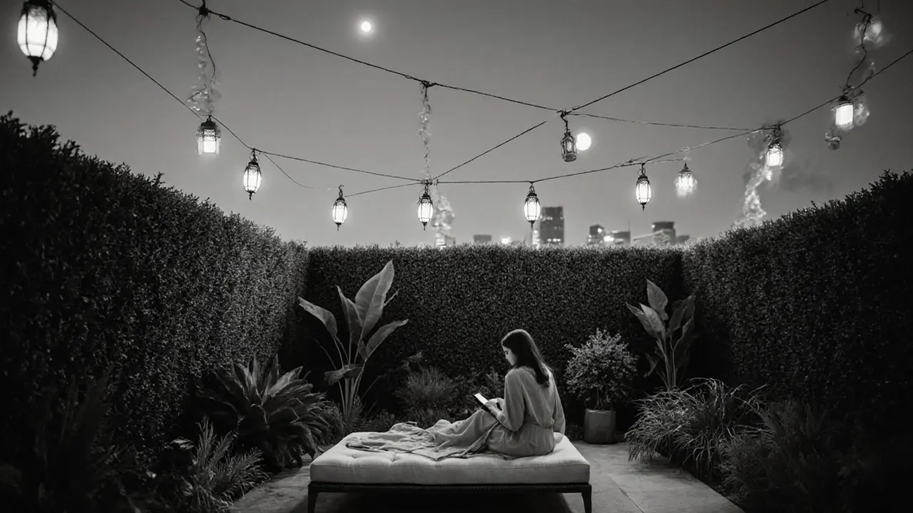 Silhouetted figure in a hidden rooftop garden, surrounded by lanterns and desert greenery.