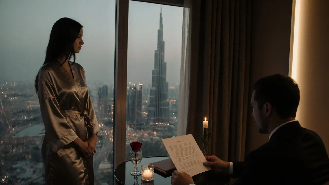 Silhouettes of two people in a high-end hotel suite reviewing a private agreement under soft candlelight.