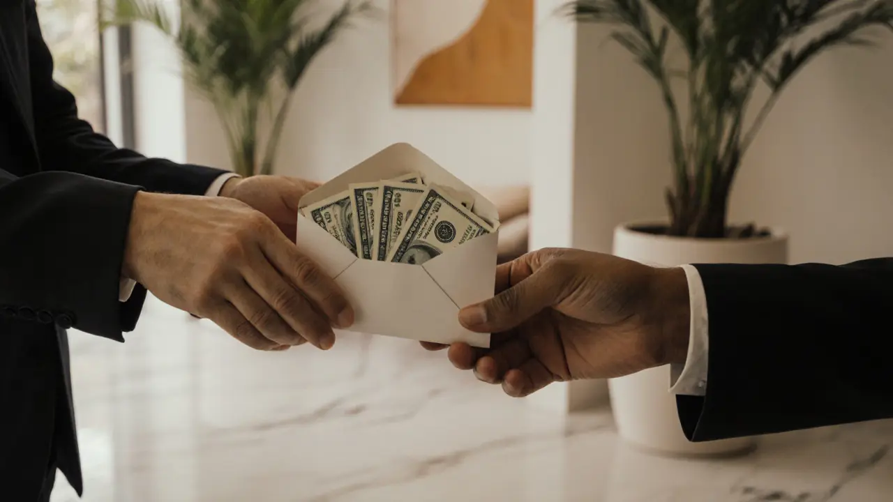 Two hands exchange an envelope of cash in a private setting, symbolizing trust and confidentiality.