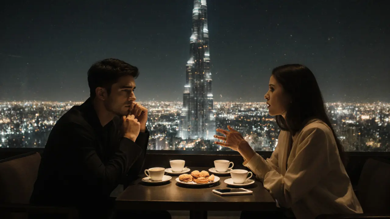 Two people having a calm, phone-free conversation on a Dubai rooftop at dusk, city lights glowing behind them.